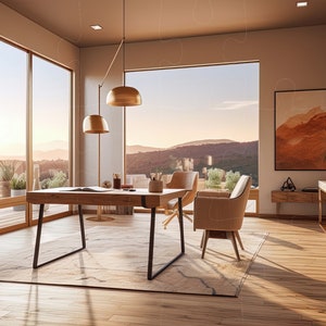 May include: A home office with a wooden desk and two chairs, a large window with a view of a mountain range, and a wooden floor. There are two gold pendant lights hanging from the ceiling.