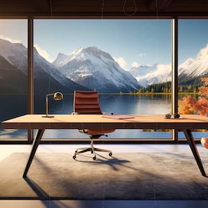 Virtual Home Office Background for presentations and work from home online zoom meetings surrounded by scenic lake and mountains