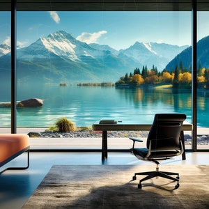 Virtual Home Office Background for presentations and work from home online zoom meetings surrounded by scenic lake and mountains