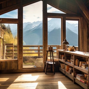 May include: A wooden cabin with large windows overlooking a mountain range. The cabin has two bookshelves filled with books. The room is lit by natural light coming through the windows.