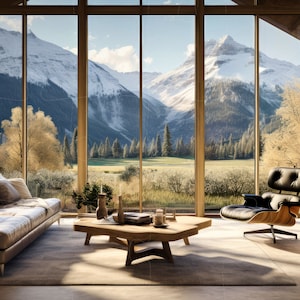 May include: A modern living room with a large window overlooking a snowy mountain range. A brown leather sofa and a black leather armchair are positioned in front of the window. A wooden coffee table sits between the two pieces of furniture. A fireplace with a roaring fire is visible in the background.