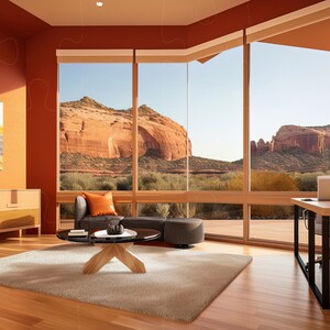 May include: A modern living room with large windows offering a scenic view of a desert landscape. The room features a wooden desk with a laptop, a sofa with an orange pillow, a coffee table, and a large landscape painting.