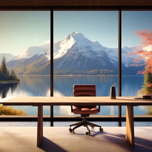 Virtual Home Office Background for presentations and work from home online zoom meetings surrounded by scenic lake and mountains