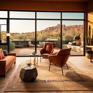 May include: A living room with a large window overlooking a desert landscape. The room is decorated in a southwestern style with a brown leather sofa, two brown leather armchairs, and a wooden coffee table. There is a large painting on the wall depicting a desert scene.