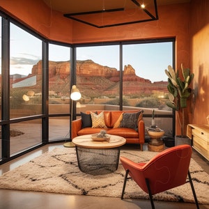 May include: A living room with a large window overlooking a desert landscape. The room is decorated in a southwestern style with a leather sofa, a coffee table, and a rug. There is a large painting on the wall and a cactus plant in the corner.