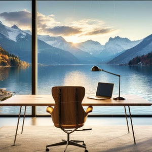 Virtual Home Office Background for presentations and work from home online zoom meetings surrounded by scenic lake and mountains