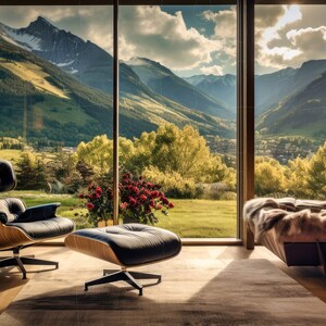 May include: A living room with large windows overlooking a mountain valley. Two leather chairs are positioned in front of the windows, one with a footrest. The room has a wooden floor and a large rug.