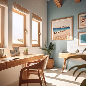 Virtual Home Office Background for presentations and work from home online zoom meetings inspired by modern soft blue interior design colors