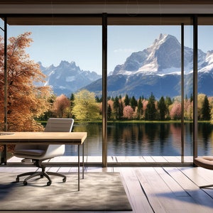 Virtual Home Office Background for presentations and work from home online zoom meetings surrounded by scenic lake and mountains