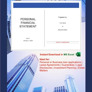 May include: A cover sheet for a personal financial statement. The document includes the title "PERSONAL FINANCIAL STATEMENT" and the date "January 1, 2025." The background features a blue-toned image of skyscrapers. The text "Instant Download in MS Excel" is also visible.