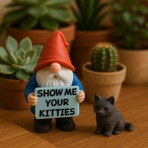 Puede incluir: Una figura de gnomo de jardín caprichosa con un gorro rojo y una chaqueta azul sostiene un letrero que dice "SHOW ME YOUR KITTIES". Una pequeña figura de gato gris está cerca. El fondo presenta suculentas y cactus en macetas.