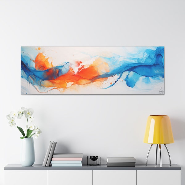 Lava Flow Matte Wall Art, Modern and Sleek, Contemporary Painting, Abstract, Wide Horizontal Canvas, Blue and Orange, Great for Hallways