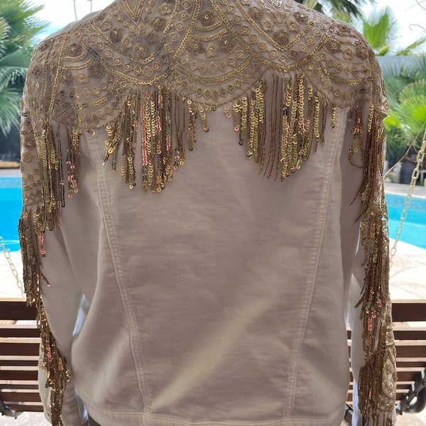 Vegas Gold Sequined Fringed White Jean Jacket