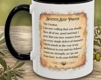 Taza personalizada con la oración del séptimo paso y el programa de 12 pasos con nombre / Taza de café personalizada para la recuperación / Regalo para padrinos, ahijados, amigos sobrios, regalos por logros importantes /