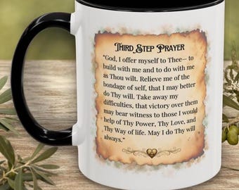 Taza personalizada con la oración del tercer paso y el nombre / Taza de café para la recuperación / Regalo de cumpleaños para padrinos, ahijados, amigos sobrios