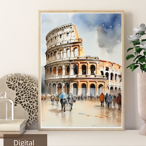 Rome Colosseum painting, Watercolor landscape Colosseum, Art lovers gift, Romantic Rome artwork, Roman history art, Cityscape art