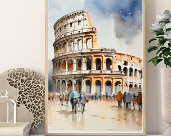 Rome Colosseum painting, Watercolor landscape Colosseum, Art lovers gift, Romantic Rome artwork, Roman history art, Cityscape art