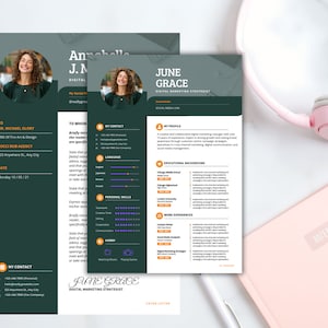 Peut inclure: Un modèle de CV vert et blanc avec une photo d'une femme dans le coin supérieur gauche. Le CV est pour June Grace, une stratège en marketing numérique. Le CV comprend des sections pour les médias sociaux, l'expérience professionnelle, l'éducation et les compétences personnelles.
