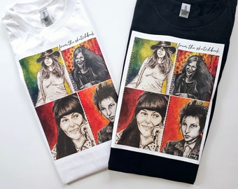 Unisex Graphic T-Shirts  Celebrating Old School Rock and Pop Musicians, Hand-drawn Portraits