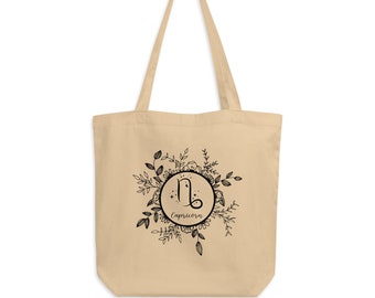 Borsa tote in tela di cotone organico Capricorno/Borsa per libri astrologici con simbolo zodiacale Capricorno/Borsa ecologica con segno solare in beige