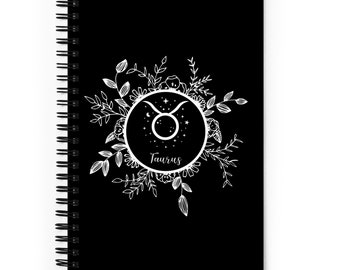 Black Taurus Bullet Journal / Astrology Sign Symbol Dot Grid Spiral Bound Notebook / Zodiac Floral Design / Gift for Writers