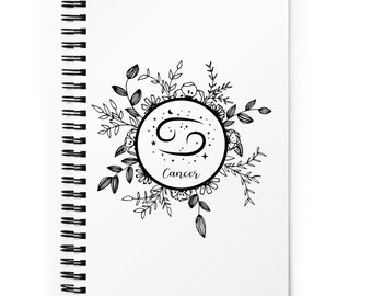 Diario proiettile cancro bianco / simbolo del segno zodiacale griglia a punti quaderno rilegato a spirale / disegno floreale zodiaco / regalo per scrittori