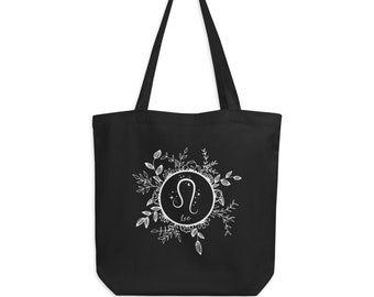 Borsa in tela di cotone organico Leo/Borsa per libri di astrologia con simbolo zodiacale Leone/Borsa ecologica con segno solare in nero