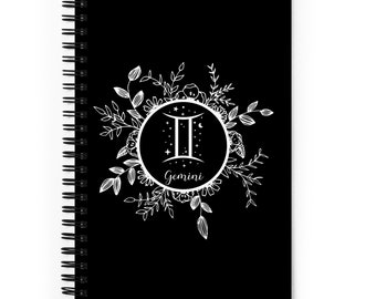 Black Gemini Bullet Journal / Astrology Sign Symbol Dot Grid Spiral Bound Notebook / Zodiac Floral Design / Gift for Writers