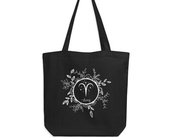 Aries organische canvas katoenen tas/dierenriem Aries symbool astrologie boekentas/eco vriendelijke zonneteken Tote in zwart