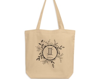 Gemini Organic Canvas Cotton Tote / Zodiac Gemini Symbol Astrology Book Bag / Eco Friendly Sun Sign Tote in Beige