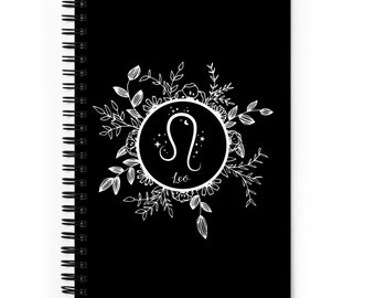 Black Leo Bullet Journal / Astrology Sign Symbol Dot Grid Spiral Bound Notebook / Zodiac Floral Design / Gift for Writers