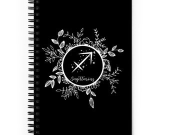 Bullet Journal Sagittario Nero / Segno Astrologico Simbolo Dot Grid Quaderno Rilegato a Spirale / Disegno Floreale Zodiaco / Regalo per Scrittori