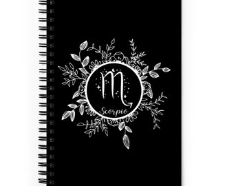 Black Scorpio Bullet Journal / Astrology Sign Symbol Dot Grid Spiral Bound Notebook / Zodiac Floral Design / Gift for Writers