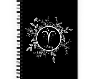 Black Aries Bullet Journal / Astrology Sign Symbol Dot Grid Spiral Bound Notebook / Zodiac Floral Design / Gift for Writers