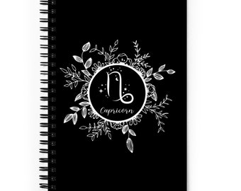 Black Capricorn Bullet Journal / Astrology Sign Symbol Dot Grid Spiral Bound Notebook / Zodiac Floral Design / Gift for Writers