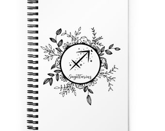 White Sagittarius Bullet Journal / Astrology Sign Symbol Dot Grid Spiral Bound Notebook / Zodiac Floral Design / Gift for Writers