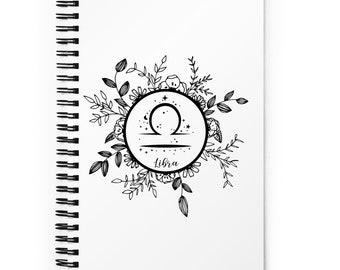 Diario proiettile della Bilancia bianca/simbolo del segno zodiacale, quaderno con rilegatura a spirale, griglia a punti, disegno floreale dello zodiaco, regalo per scrittori