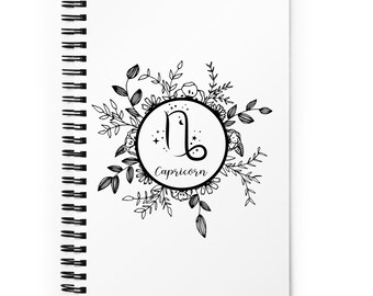 Diario proiettile Capricorno bianco / Segno zodiacale Simbolo Griglia a punti Quaderno rilegato a spirale / Disegno floreale zodiaco / Regalo per scrittori