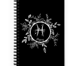 Black Pisces Bullet Journal / Astrology Sign Symbol Dot Grid Spiral Bound Notebook / Zodiac Floral Design / Gift for Writers