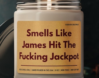 Personalized Bride Candle – “Smells Like ___ Hit the F*cking Jackpot” Funny Wedding Gift for Bride-to-Be, Engagement Celebration Candle