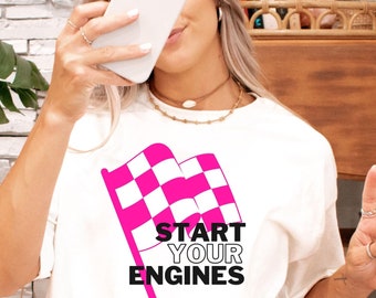 Pink Checkered Flag Racing Shirt • Motorsports Mom Tee • Start Your Engines Race Day Graphic T-Shirt