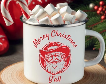 Merry Christmas Y’all Mug – Cowboy Santa Enamel Camping Mug, Western Christmas Gift, Southern Holiday Coffee Cup for Country Fans