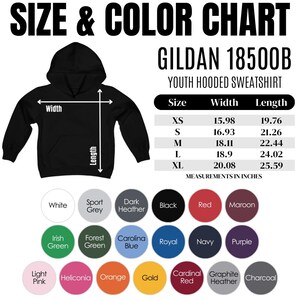 May include: Size and colour chart for Gildan 18500B youth hooded sweatshirt. The chart shows sizes XS to XL with corresponding width and length measurements in inches. Colour options include white, sport grey, dark heather, black, red, maroon, Irish green, forest green, Carolina blue, royal, navy, purple, light pink, heliconia, orange, gold, cardinal red, graphite heather, and charcoal.