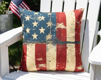 4. Juli Kissen | Rustikales Kissen mit der amerikanischen Flagge, Vaterländisches Bauernhausdekor, Americana Kissen, Geschenk zum Gedenktag und Unabhängigkeitstag