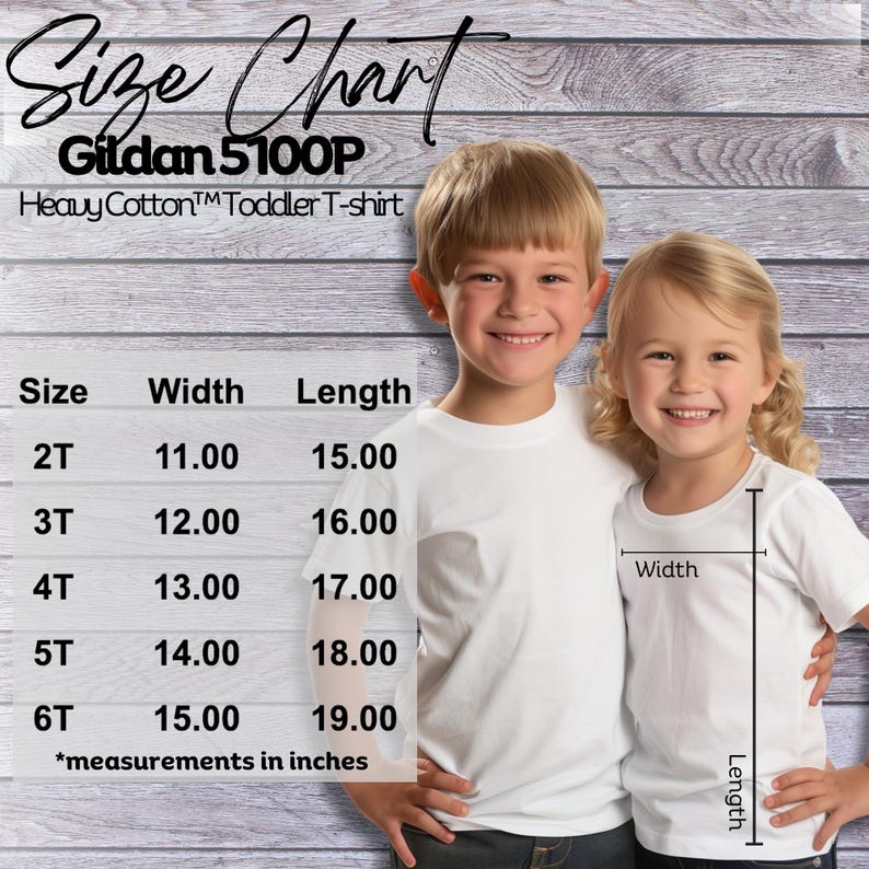 Puede incluir: Tabla de tallas para la camiseta de beb&eacute; de algod&oacute;n pesado Gildan 5100P. La tabla muestra el ancho y la longitud en pulgadas para las tallas 2T, 3T, 4T, 5T y 6T.