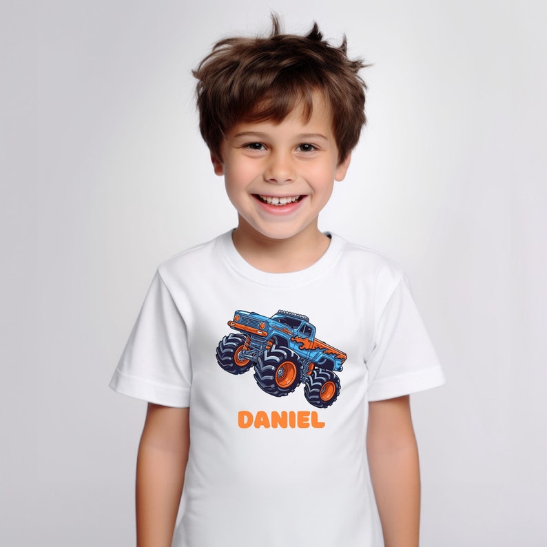 Personalized Monster Truck birthday party shirt for boys and girls.