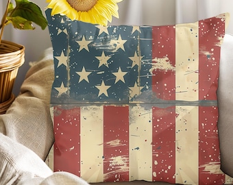 Rustic American Flag Throw Pillow – Vintage Patriotic Decor, Farmhouse USA Cushion, Rustic Flag Pillow for Couch, Americana Home Accent