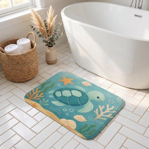 Sea Turtle Bath Mat – Coastal Bathroom Decor, Ocean Kids Bath Rug, Beach House Mat, Non-Slip Turtle Rug, Matching Shower Curtain