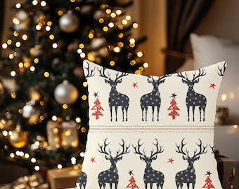Reindeer Christmas Throw Pillow – Rustic Holiday Decor, Farmhouse Winter Cushion, Woodland Reindeer Pillow for Cabin & Cozy Christmas Homes