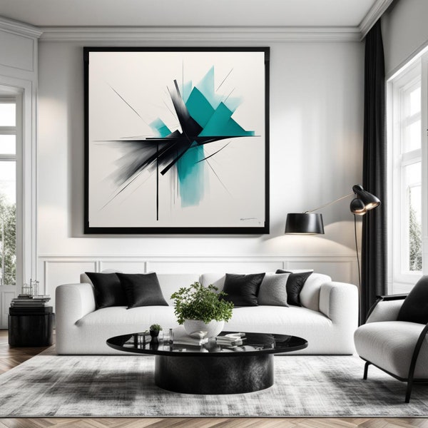 MCM WALL ART Teal & Black Wall Art Abstract Art Prints Minimalist Printable Poster Office Decor Artwork Digital Modern Living Room Decor